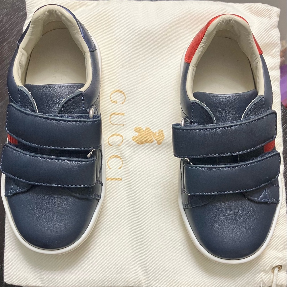 GUCCI ACE LEATHER NAVY BLUE SNEAKER TODDLER SIZE 23 (US SZ 7) UNISEX w POUCH